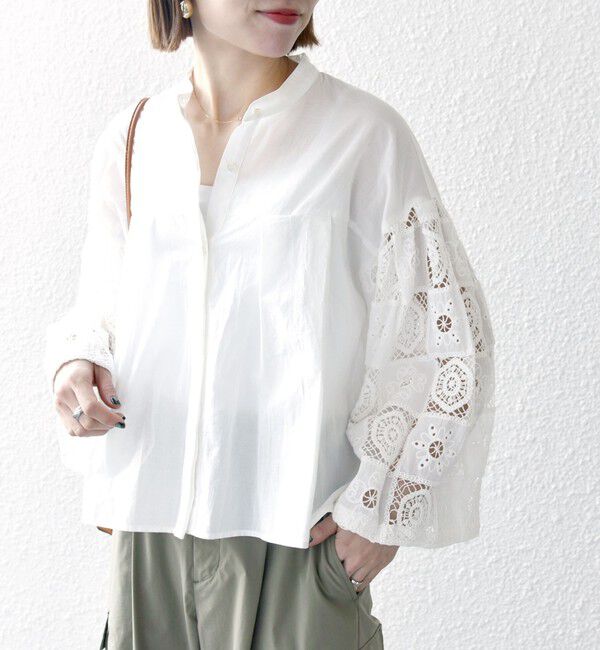 SHIPS any「SHIPS any:〈手洗い可能〉パッチワーク レース スリーブ バンドカラー シャツ」|シャツ・ブラウス|