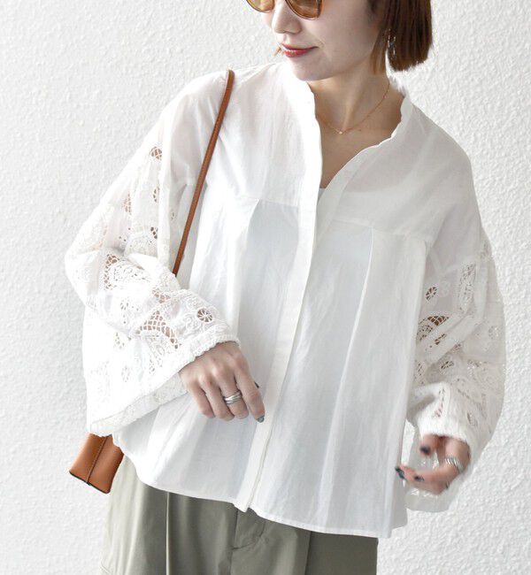 SHIPS any「SHIPS any:〈手洗い可能〉パッチワーク レース スリーブ バンドカラー シャツ」|シャツ・ブラウス|