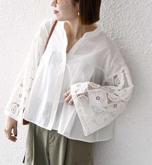 SHIPS any「SHIPS any:〈手洗い可能〉パッチワーク レース スリーブ バンドカラー シャツ」|シャツ・ブラウス|