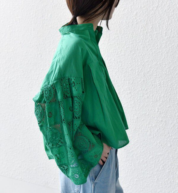 SHIPS any「SHIPS any:〈手洗い可能〉パッチワーク レース スリーブ バンドカラー シャツ」|シャツ・ブラウス|