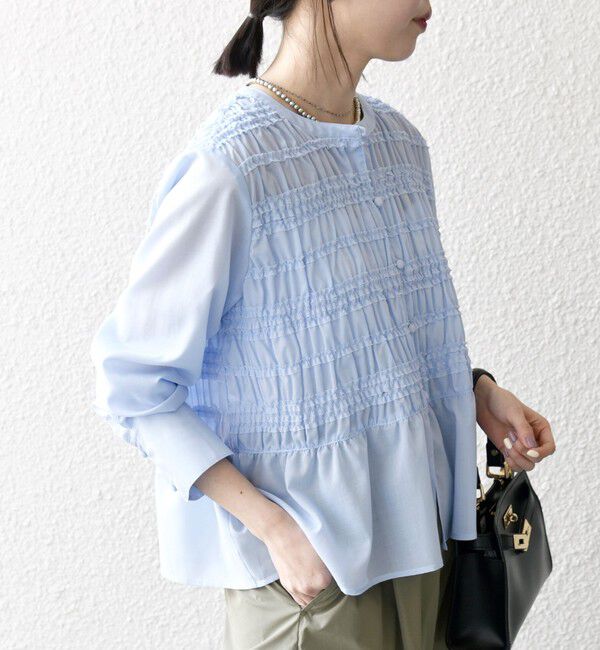 SHIPS any「【WEB限定】SHIPS any:〈洗濯機可能〉シアー シャーリング プチフリル ペプラム ブラウス」|シャツ・ブラウス|