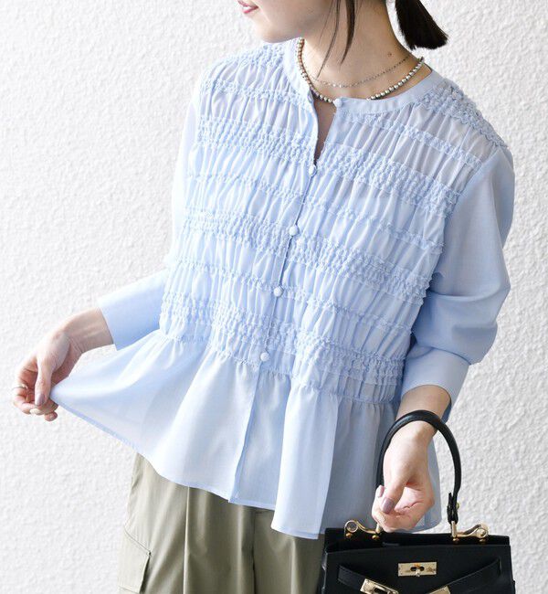 SHIPS any「【WEB限定】SHIPS any:〈洗濯機可能〉シアー シャーリング プチフリル ペプラム ブラウス」|シャツ・ブラウス|