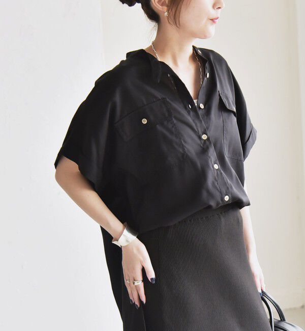 quaranciel「quaranciel:〈手洗い可能〉バンドカラー ハーフスリーブ ポケット ワーク シャツ」|シャツ・ブラウス|