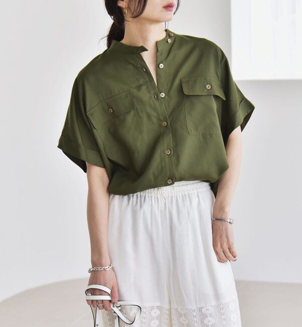 quaranciel「quaranciel:〈手洗い可能〉バンドカラー ハーフスリーブ ポケット ワーク シャツ」|シャツ・ブラウス|