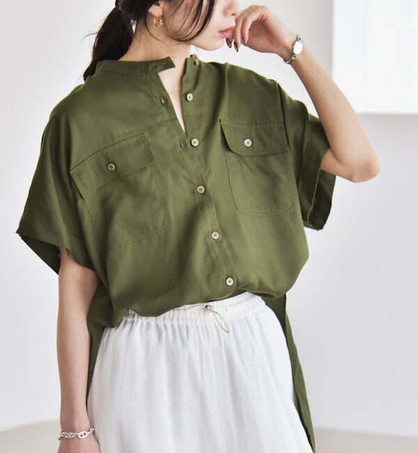 quaranciel「quaranciel:〈手洗い可能〉バンドカラー ハーフスリーブ ポケット ワーク シャツ」|シャツ・ブラウス|