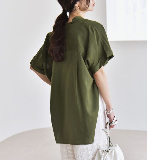 quaranciel「quaranciel:〈手洗い可能〉バンドカラー ハーフスリーブ ポケット ワーク シャツ」|シャツ・ブラウス|