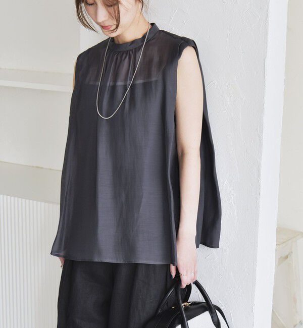 quaranciel「quaranciel:〈洗濯機可能〉シアー ハイネック ノースリーブ ギャザー ブラウス」|シャツ・ブラウス|チャコールグレー