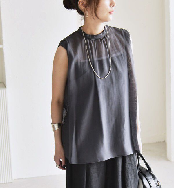 quaranciel「quaranciel:〈洗濯機可能〉シアー ハイネック ノースリーブ ギャザー ブラウス」|シャツ・ブラウス|