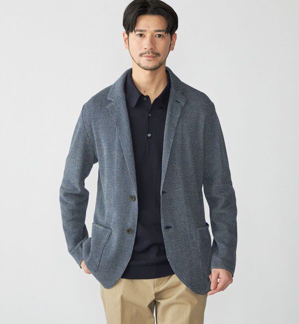 SHIPS「【SHIPS別注】FLY3: コットン/リネン ヘリンボーン ニット ブレザー」|テーラードジャケット|ネイビー