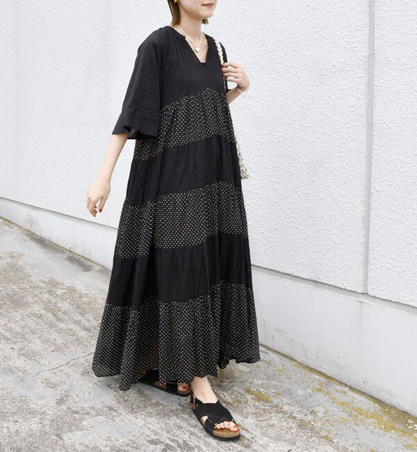 SHIPS for women「《一部追加予約》【WEB限定】〈手洗い可能〉Fanaka:クリンクル 袖 フレア ロング ワンピース」|ワンピース|ブラック