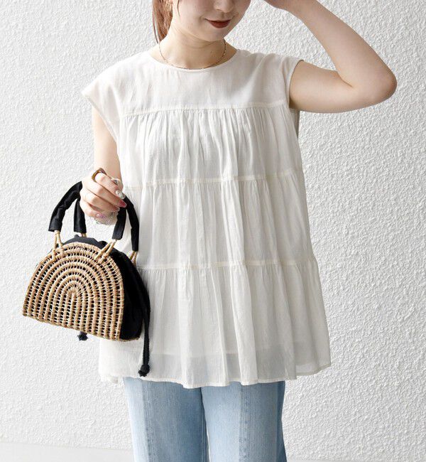 SHIPS any「SHIPS any:〈手洗い可能〉箔 ティアード レースアップ フレンチスリーブ ブラウス」|シャツ・ブラウス|