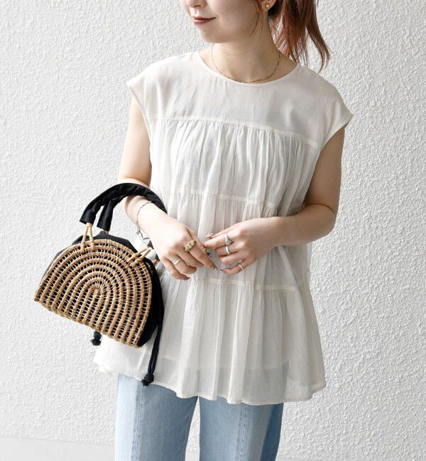 SHIPS any「SHIPS any:〈手洗い可能〉箔 ティアード レースアップ フレンチスリーブ ブラウス」|シャツ・ブラウス|