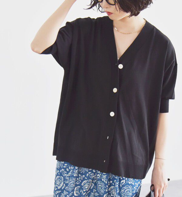 quaranciel「quaranciel:〈接触冷感/手洗い可能〉ワイド Vネック ハーフスリーブ シアー カーディガン」|カーディガン|ブラック