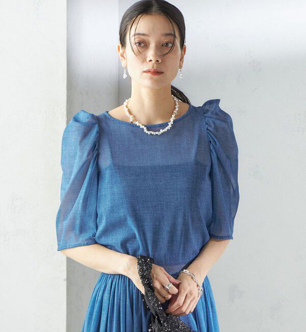 SHIPS for women「troisiemeCHACO:〈手洗い可能〉デニム プリント チュール ブラウス」|シャツ・ブラウス|