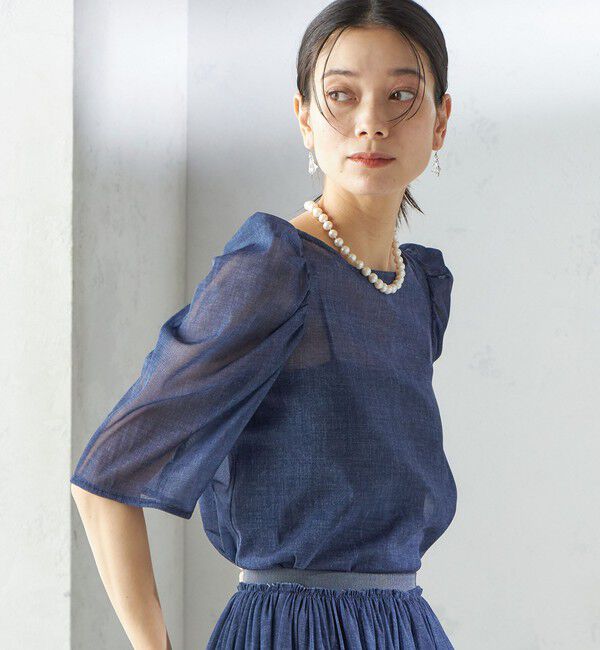 SHIPS for women「troisiemeCHACO:〈手洗い可能〉デニム プリント チュール ブラウス」|シャツ・ブラウス|