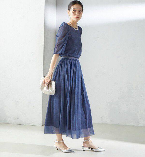 SHIPS for women「troisiemeCHACO:〈手洗い可能〉デニム プリント チュール ブラウス」|シャツ・ブラウス|