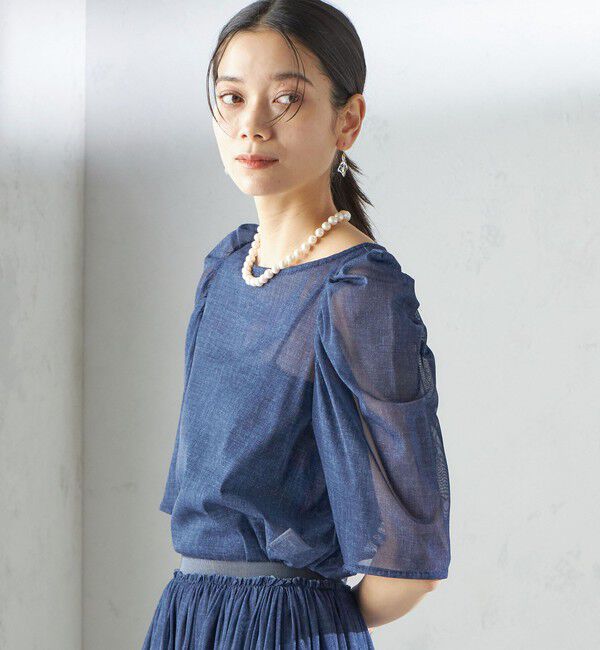 SHIPS for women「troisiemeCHACO:〈手洗い可能〉デニム プリント チュール ブラウス」|シャツ・ブラウス|