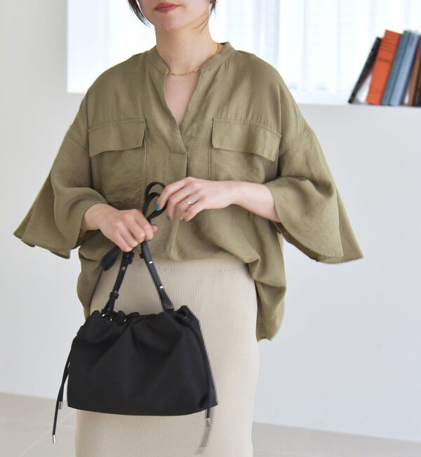 quaranciel「quaranciel:〈手洗い可能〉フレア ハーフスリーブ バンドカラー スキッパー シャツ」|シャツ・ブラウス|