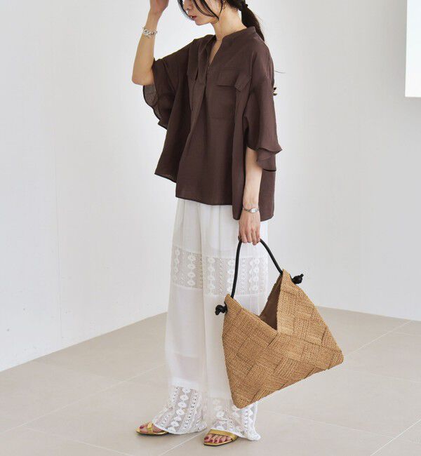 quaranciel「quaranciel:〈手洗い可能〉フレア ハーフスリーブ バンドカラー スキッパー シャツ」|シャツ・ブラウス|