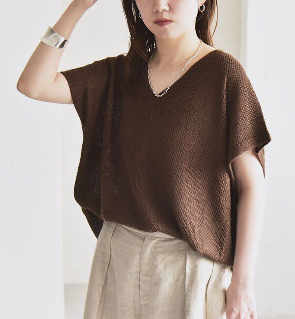 quaranciel「quaranciel:〈手洗い可能〉ラミー ミックス Vネック ノースリーブ シアー ニット」|ニット・セーター|