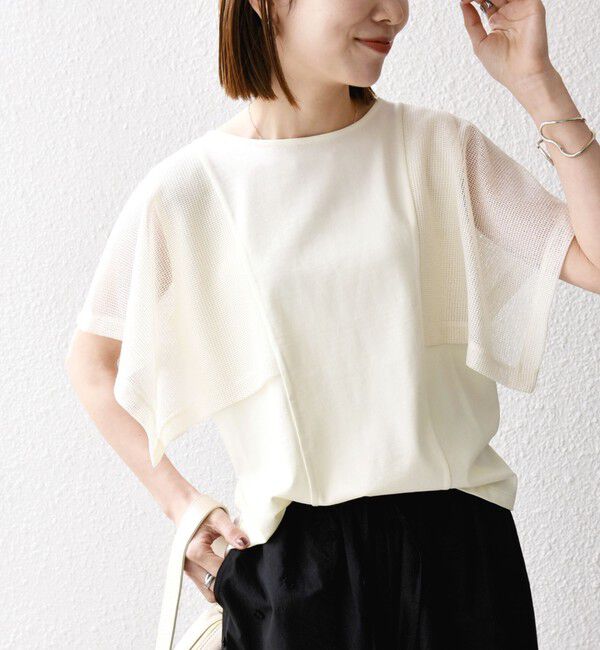 SHIPS any「《一部追加予約》SHIPS any:〈手洗い可能〉メッシュ シアー ハンカチ スリーブ ドッキング TEE」|Tシャツ・カットソー|