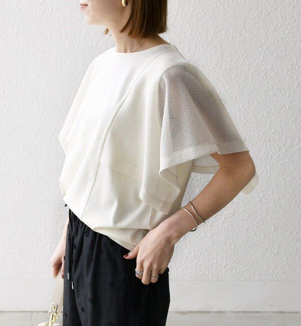 SHIPS any「《一部追加予約》SHIPS any:〈手洗い可能〉メッシュ シアー ハンカチ スリーブ ドッキング TEE」|Tシャツ・カットソー|