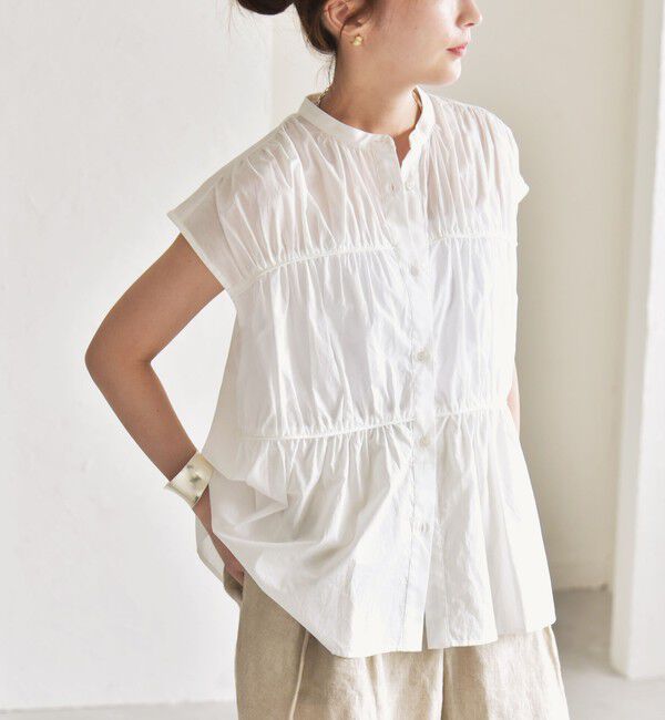 quaranciel「quaranciel:〈手洗い可能〉コットンボイル シアー ギャザー バンドカラー シャツ ブラウス」|シャツ・ブラウス|