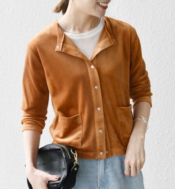 SHIPS any「SHIPS any:〈洗濯機可能〉ポリエステル ベロア コンパクト スナップ カーディガン」|カーディガン|キャメル