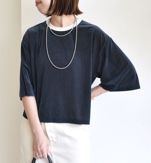 SHIPS for women「〈手洗い可能〉シアー トリコット ポリエステル ベロア 五分袖 ワイド TEE」|Tシャツ・カットソー|