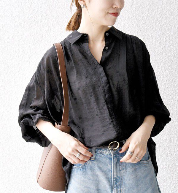 SHIPS any「SHIPS any:〈手洗い可能〉シアー ドット レギュラーカラー ギャザー シャツ」|シャツ・ブラウス|ブラック