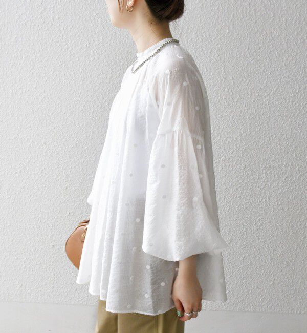 SHIPS any「【WEB限定】SHIPS any:〈手洗い可能〉シアー ドット スタンドカラー パフ ギャザー ブラウス」|シャツ・ブラウス|