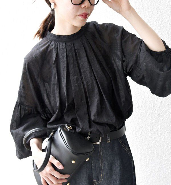 SHIPS any「【WEB限定】SHIPS any:〈手洗い可能〉シアー ドット スタンドカラー パフ ギャザー ブラウス」|シャツ・ブラウス|ブラック