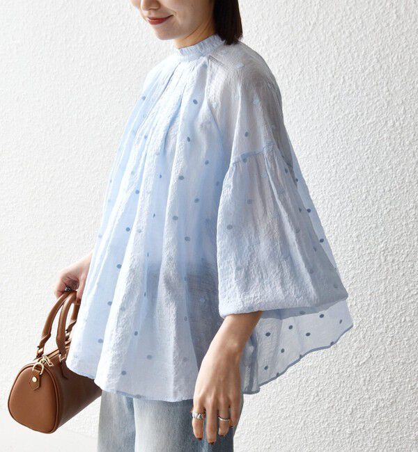 SHIPS any「【WEB限定】SHIPS any:〈手洗い可能〉シアー ドット スタンドカラー パフ ギャザー ブラウス」|シャツ・ブラウス|