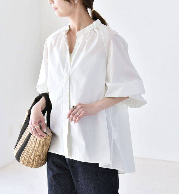 quaranciel「quaranciel:〈洗濯機可能〉REPREVE バンドカラー ギャザー パフ シャツ ブラウス」|シャツ・ブラウス|