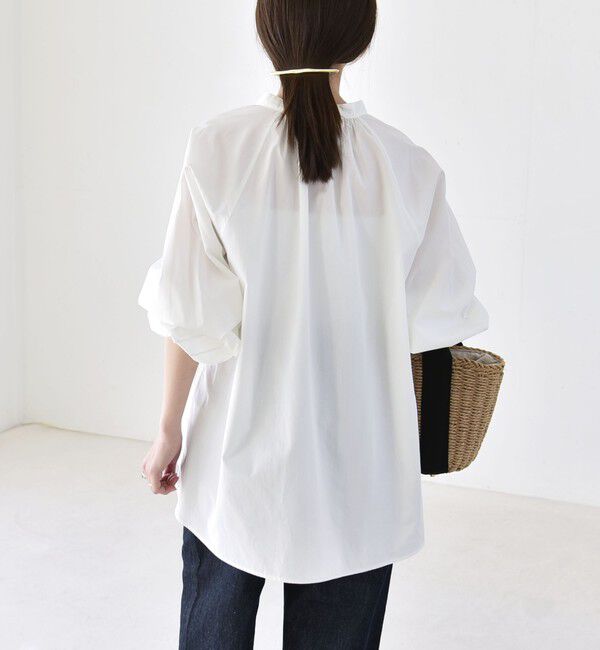 quaranciel「quaranciel:〈洗濯機可能〉REPREVE バンドカラー ギャザー パフ シャツ ブラウス」|シャツ・ブラウス|