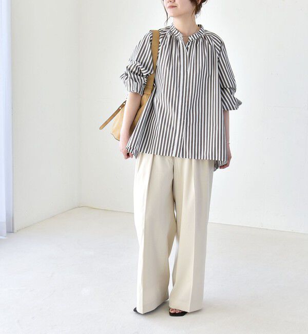 quaranciel「quaranciel:〈洗濯機可能〉REPREVE バンドカラー ギャザー パフ シャツ ブラウス」|シャツ・ブラウス|