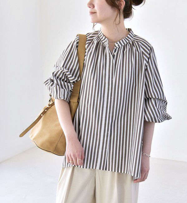 quaranciel「quaranciel:〈洗濯機可能〉REPREVE バンドカラー ギャザー パフ シャツ ブラウス」|シャツ・ブラウス|