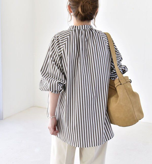 quaranciel「quaranciel:〈洗濯機可能〉REPREVE バンドカラー ギャザー パフ シャツ ブラウス」|シャツ・ブラウス|