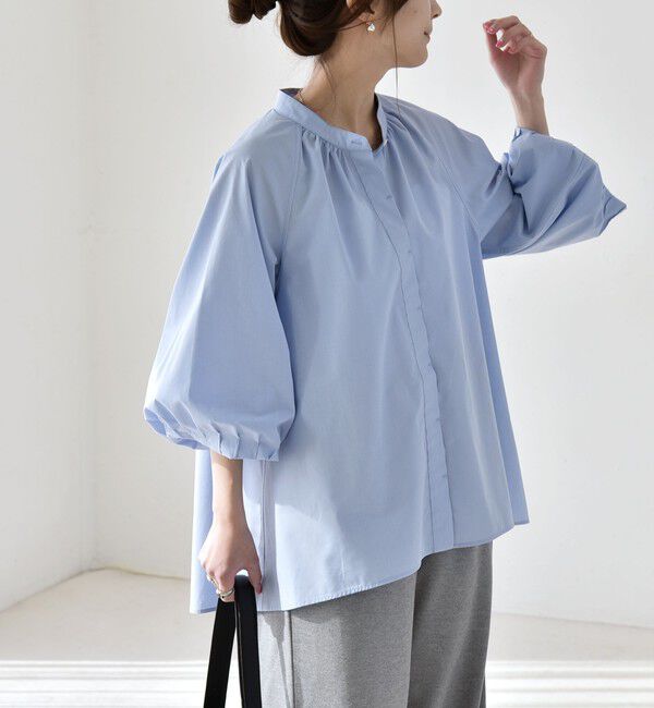 quaranciel「quaranciel:〈洗濯機可能〉REPREVE バンドカラー ギャザー パフ シャツ ブラウス」|シャツ・ブラウス|ライトブルー