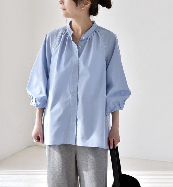 quaranciel「quaranciel:〈洗濯機可能〉REPREVE バンドカラー ギャザー パフ シャツ ブラウス」|シャツ・ブラウス|