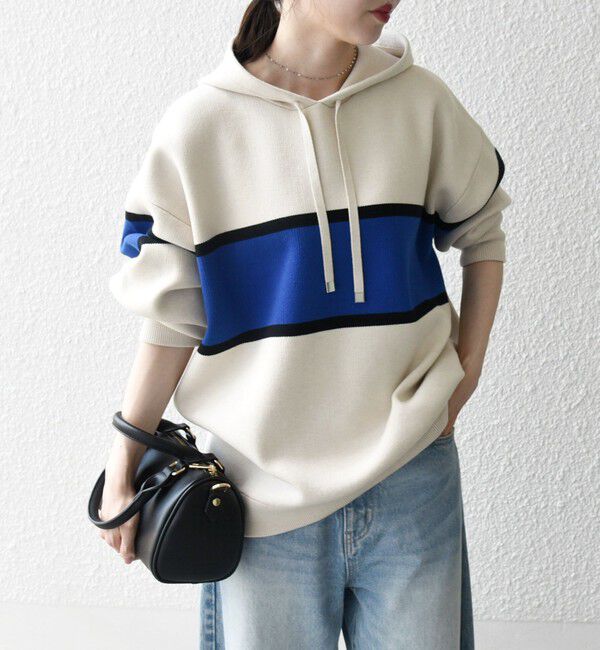 SHIPS any「SHIPS any:〈手洗い可能〉パネル ボーダー フーディー ニット プルオーバー」|パーカー|ナチュラル