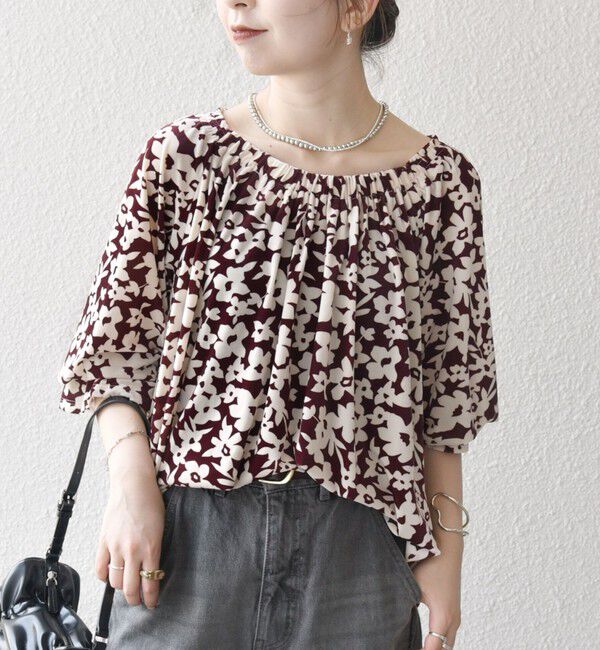 SHIPS any「SHIPS any:〈洗濯機可能〉フラワー ポリエステル ベロア シャーリング ブラウス」|シャツ・ブラウス|