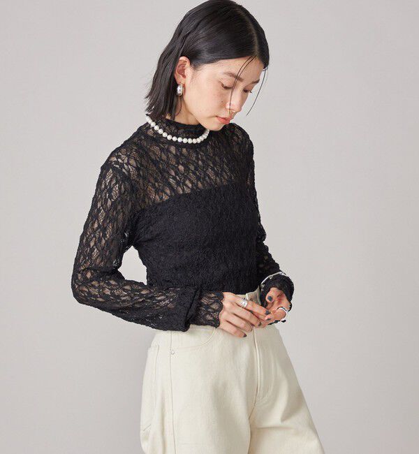 SHIPS for women「SHIPS NINE CASE:〈手洗い可能〉シアー レース ハイネック プルオーバー」|Tシャツ・カットソー|ブラック