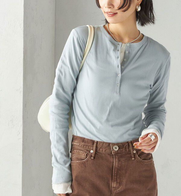 SHIPS for women「【SHIPS別注】miller: シアー ヘンリー ネック ロング スリーブ TEE」|Tシャツ・カットソー|ライトブルー
