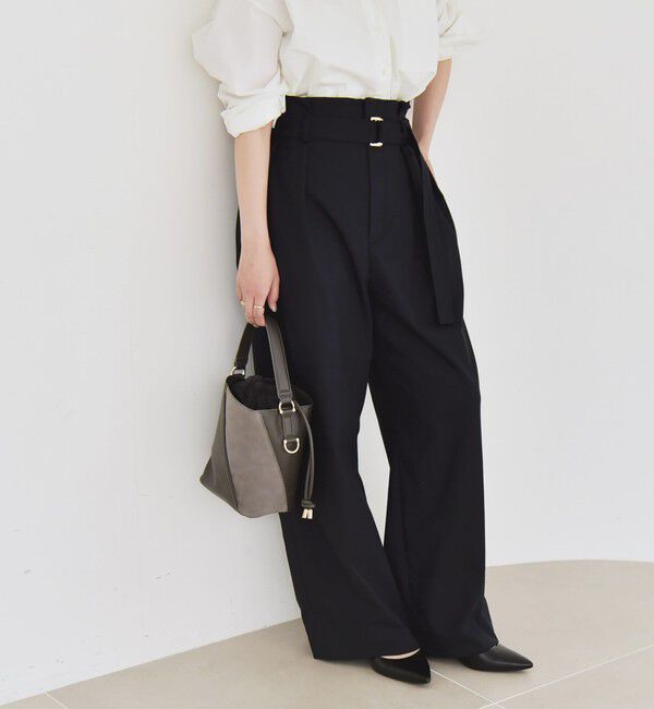 quaranciel「《一部追加予約》quaranciel:〈洗濯機可能〉ハンサム ハイウエスト ベルト ワイド パンツ」|その他|ネイビー