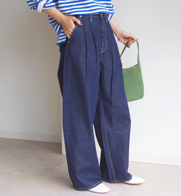 SHIPS for women「〈洗濯機可能〉2タック カーブ デニム パンツ」|デニム|ネイビー