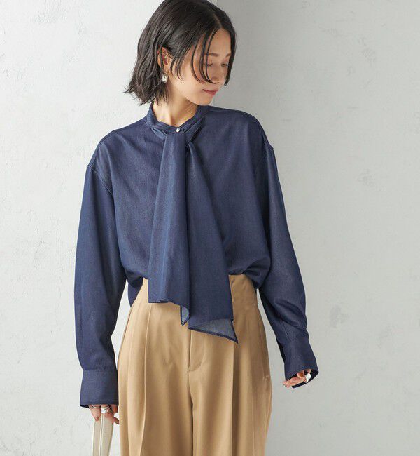 SHIPS for women「〈手洗い可能〉デニム ライク リボン タイ ブラウス」|シャツ・ブラウス|