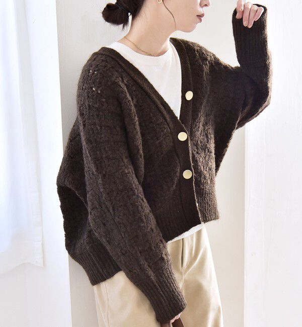 quaranciel「quaranciel: 透かし編み Vネック コンパクト ドルマンニットカーディガン」|カーディガン|