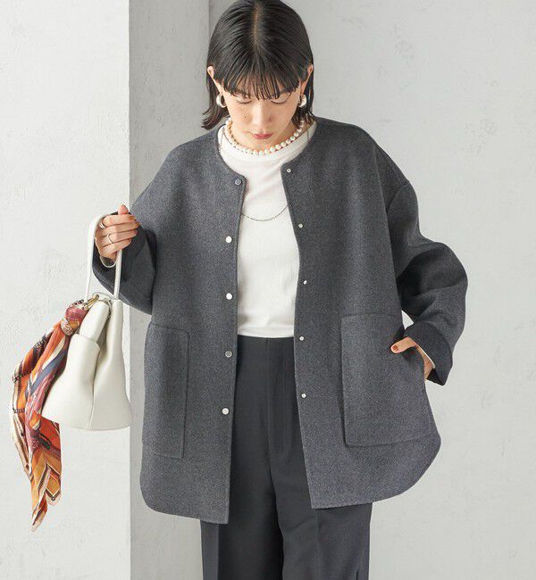 SHIPS for women「セミ 梳毛 配色 リバーシブル ノーカラー ショート コート」|ノーカラーコート|