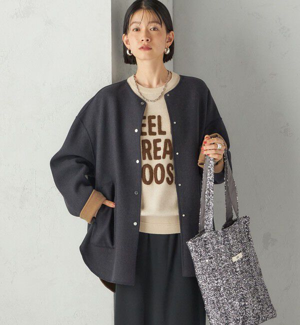 SHIPS for women「セミ 梳毛 配色 リバーシブル ノーカラー ショート コート」|ノーカラーコート|